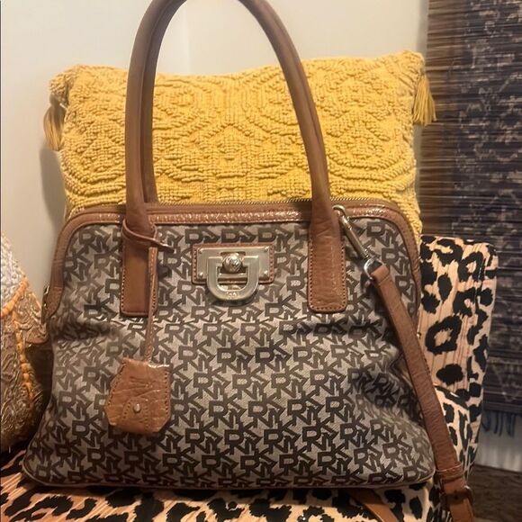 DKNY Brown and Tan Logo Satchel - Picture 4 of 13